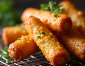 Golden fried egg rolls in a skillet with vegetable oil