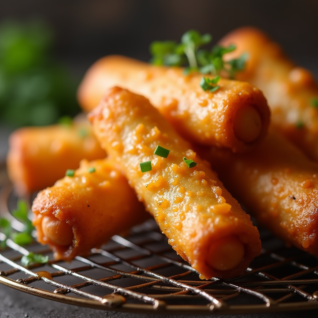 Golden fried egg rolls in a skillet with vegetable oil