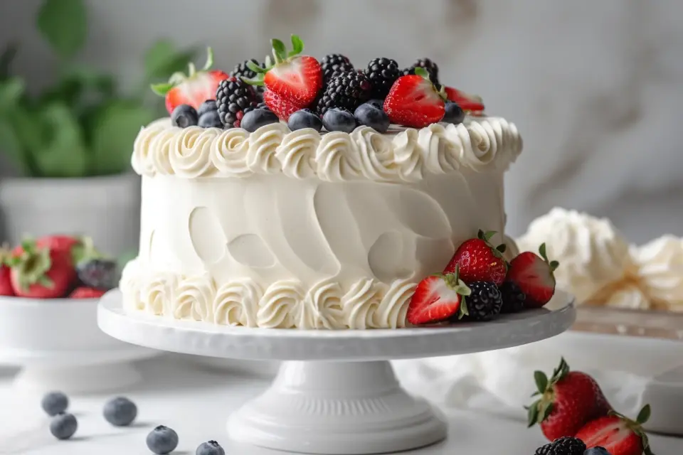 Close-up of a sturdy vanilla cake freshly baked, decorated with vanilla buttercream frosting and a mix of fresh strawberries, blueberries, and blackberries.