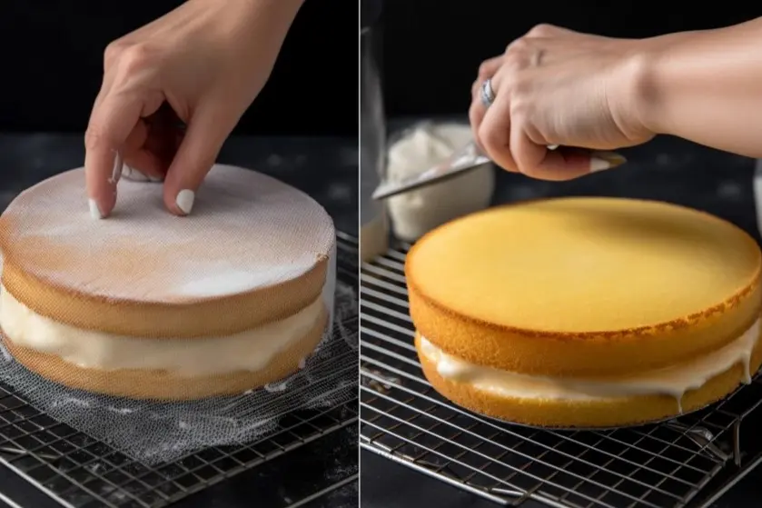 Step-by-step process of frosting a layered cake with buttercream, showing smoothing techniques.