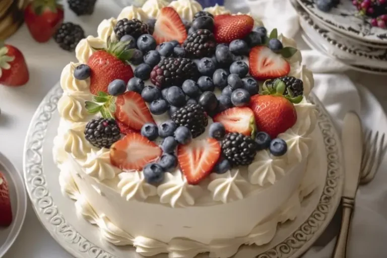 A beautifully decorated layered cake with vanilla buttercream frosting, topped with fresh strawberries, blueberries, and blackberries.