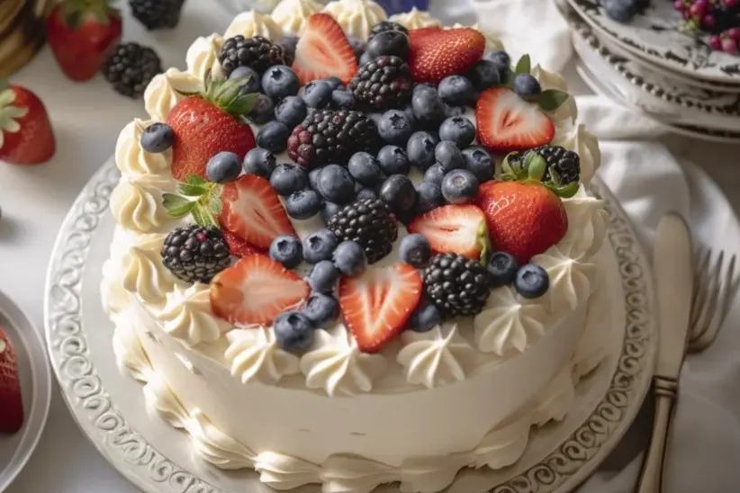 A beautifully decorated layered cake with vanilla buttercream frosting, topped with fresh strawberries, blueberries, and blackberries.