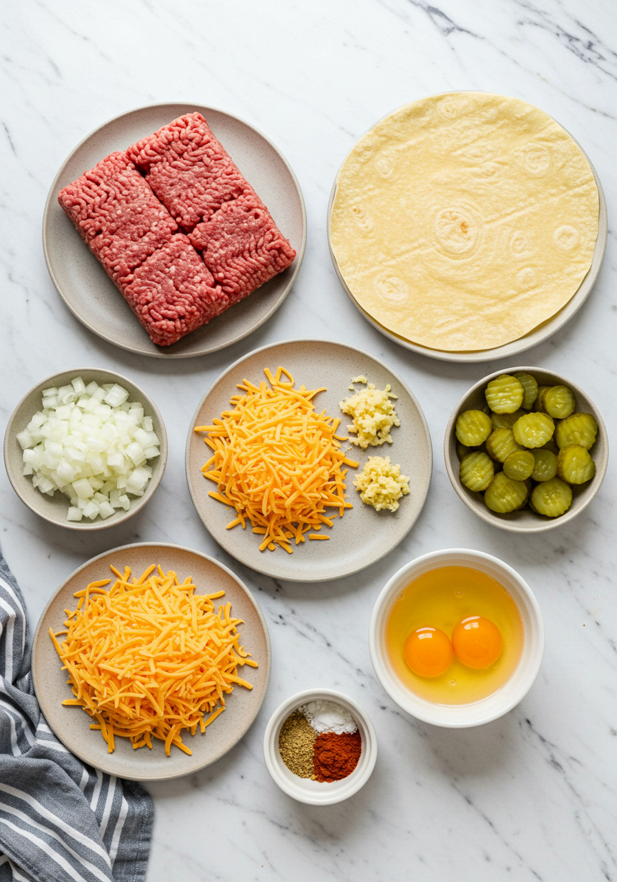 cheeseburger egg roll recipe:  Flat lay of cheeseburger egg roll ingredients including ground beef, shredded cheddar, pickles, garlic, eggs, tortillas, spices, and chopped onions.
