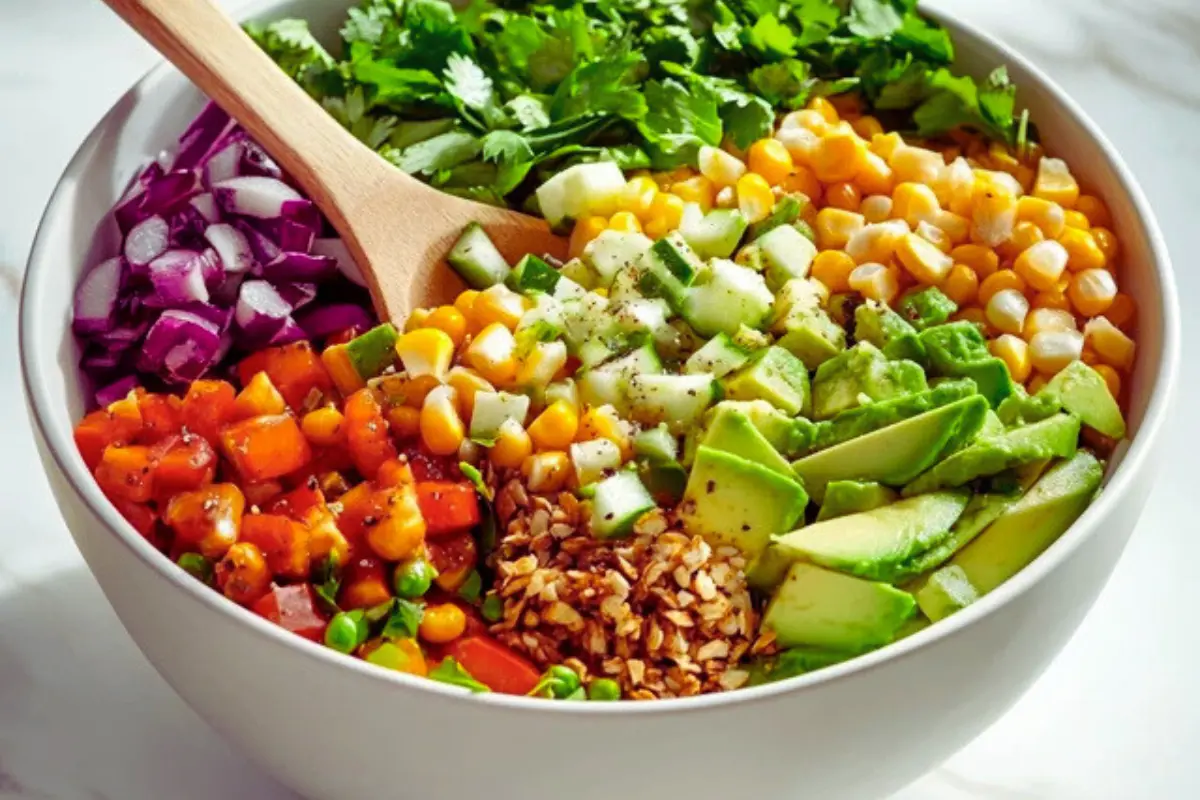 Fresh ingredients for corn and avocado salsa: corn, avocado, red onion, cilantro.