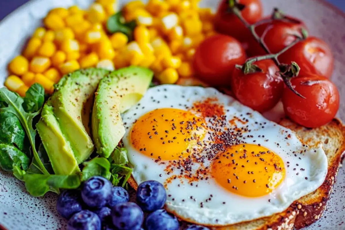 Toasted bread with fried eggs topped with seeds served with corn avocado salsa, tomatoes and blueberries.