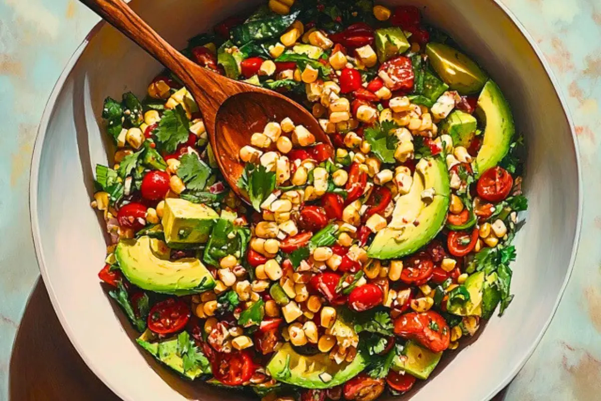 Corn and avocado salsa mixed with a wooden spoon in a white bowl.