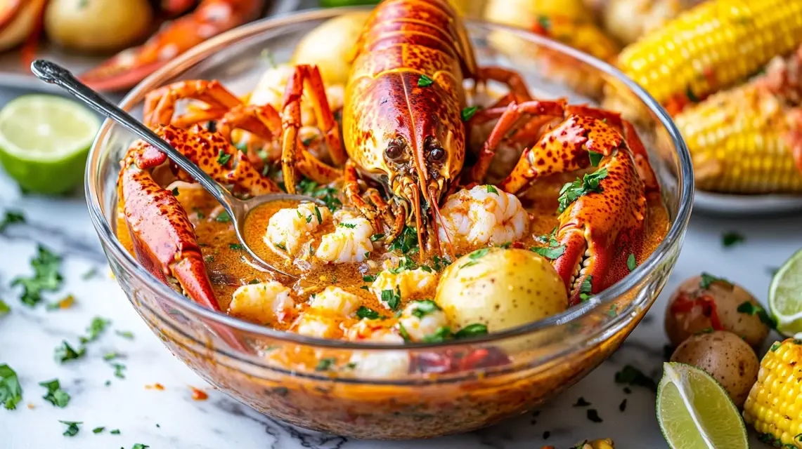 Close-up of homemade seafood boil sauce in a pot.