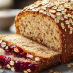 How to Make the Perfect Bread Grain Peanut Butter and Jelly Recipe 2 A loaf of oatmeal bread is partially sliced with raspberry jam spread on two pieces.