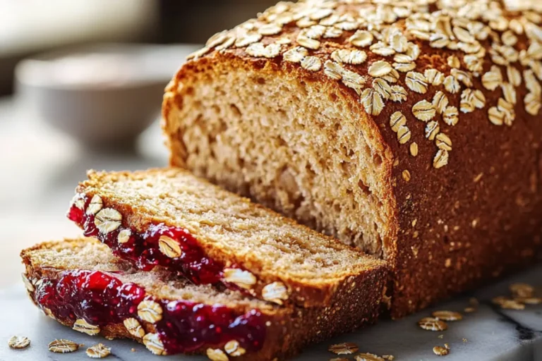 A loaf of oatmeal bread is partially sliced with raspberry jam spread on two pieces.