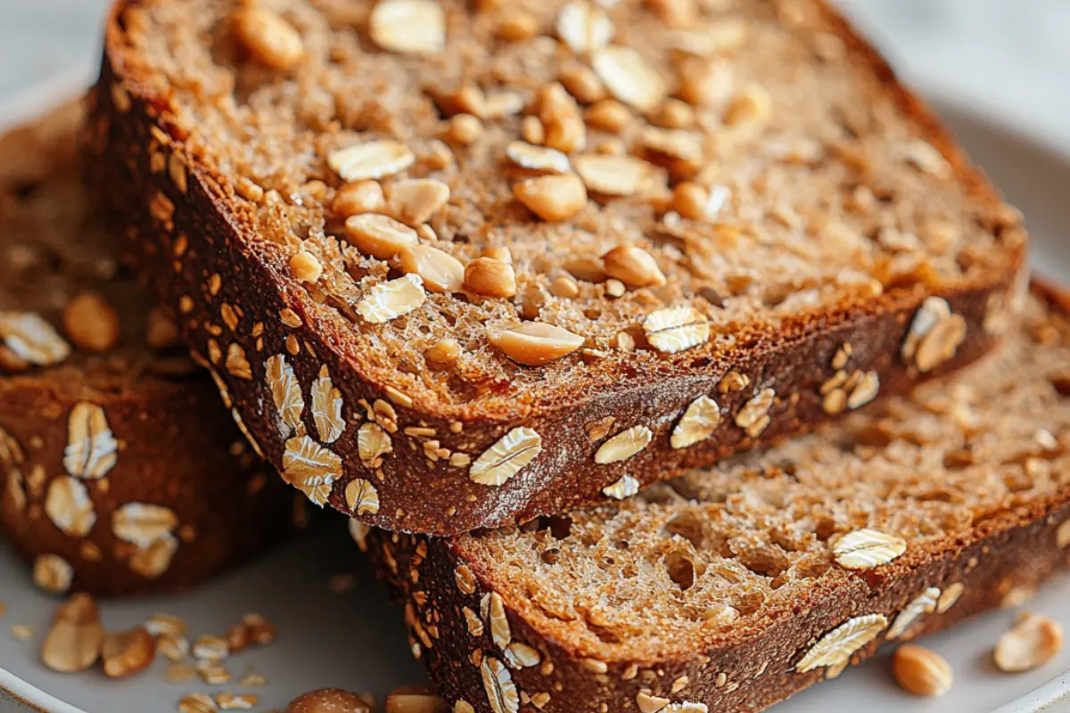 A slices of whole-grain bread topped with oats and peanuts on a white plate.