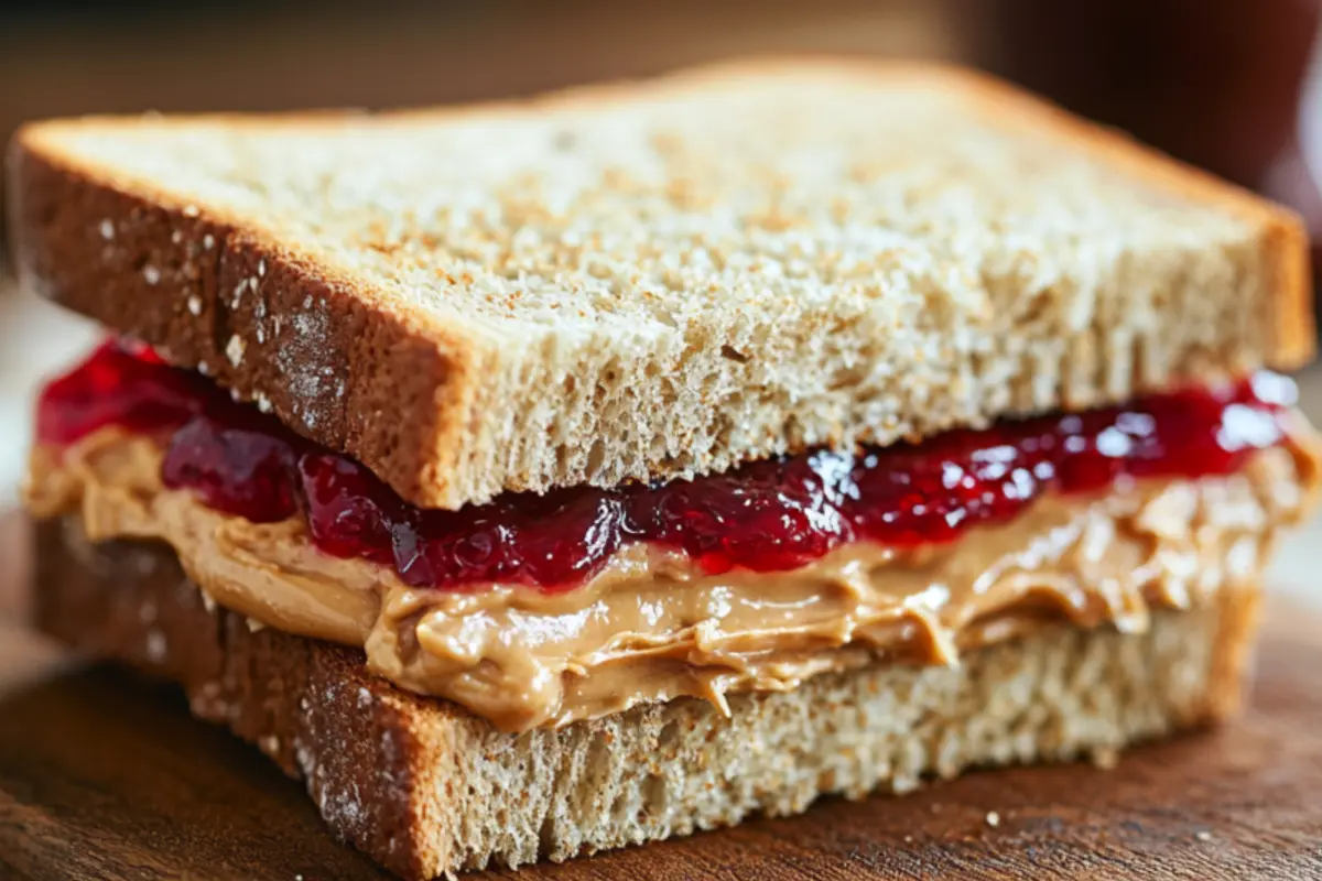 A close-up of a peanut butter and jelly sandwich made with whole-grain bread.