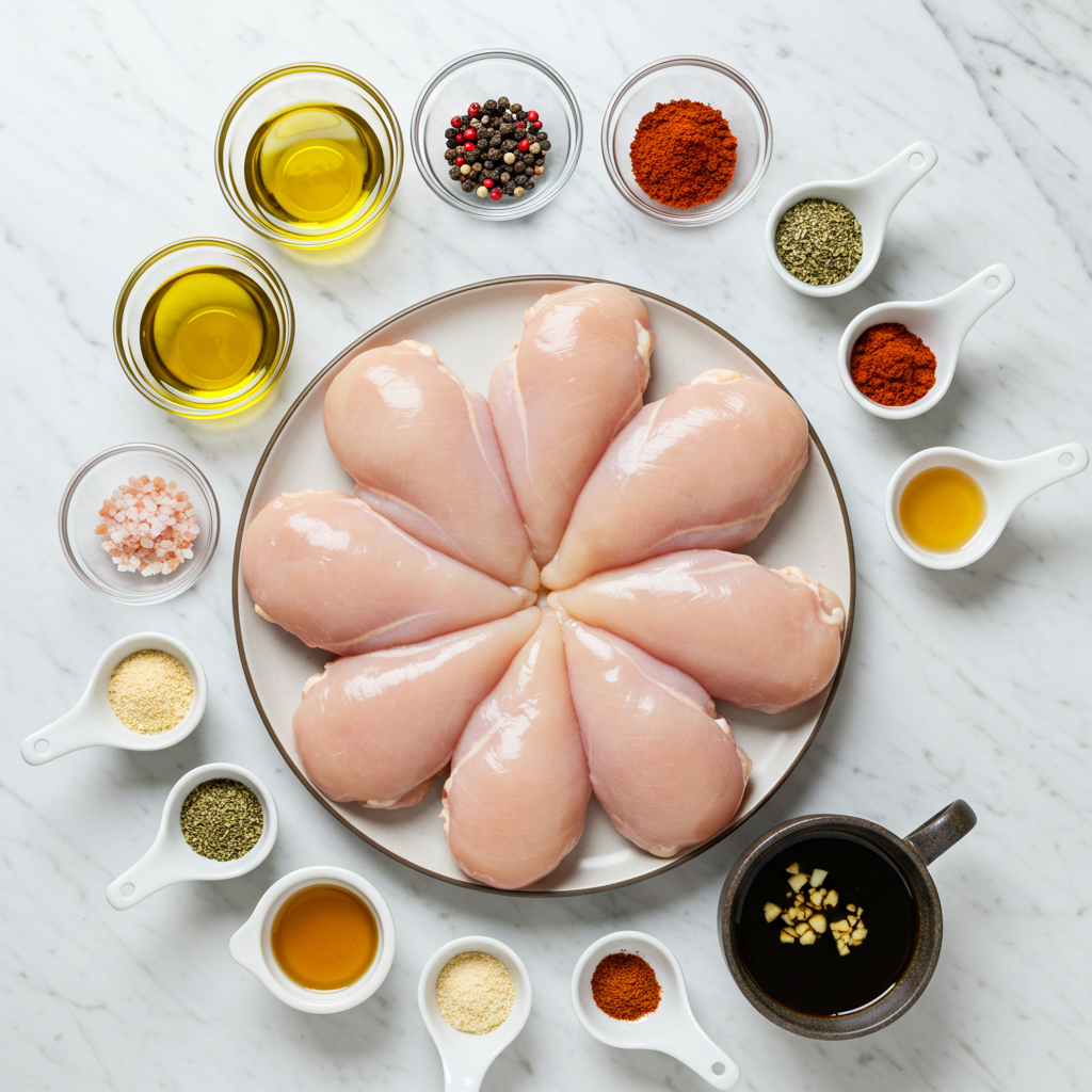 An overhead view of raw chicken breasts arranged in a circle on a plate, surrounded by small bowls containing all the ingredients for a marinade, including olive oil, soy sauce, spices, and salt, set on a marble countertop.