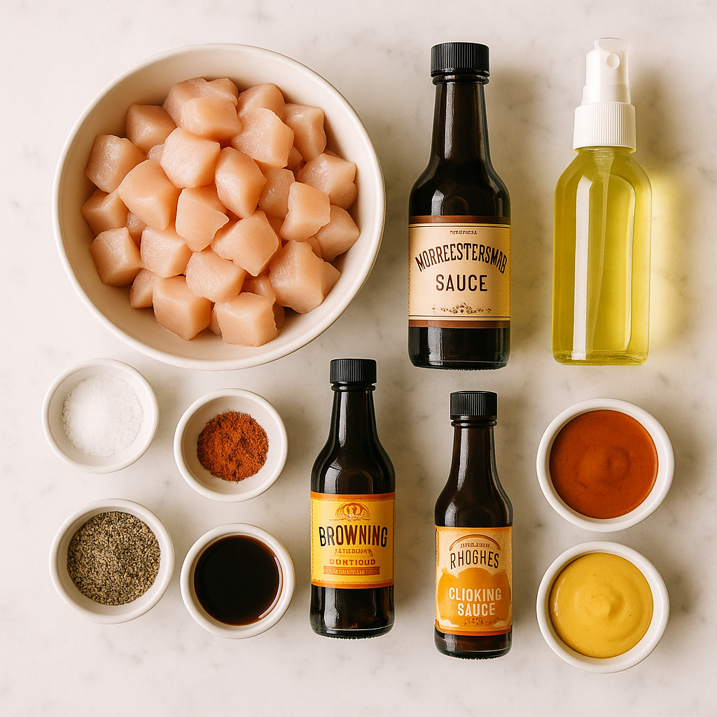 Ingredients for healthy chicken egg roll in a bowl including diced chicken, sauces, spices, and oil on a marble counter.