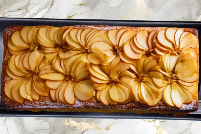 nvisible apple cake on a plate Title: Elegant Slices of Invisible Apple Cake Caption: A delicate and delicious invisible apple cake, ready to serve. Description: A close-up shot of an invisible apple cake, showcasing the thinly sliced apples and the light custard-like batter, emphasizing the texture and flavor of this delightful French dessert. The image captures the airy quality of the cake and emphasizes the use of fresh apples. The focus is on the delicate layers.