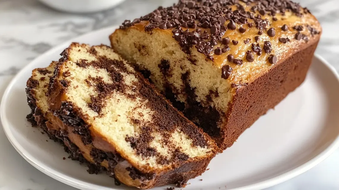 Freshly baked chocolate bread recipe loaf with sliced pieces