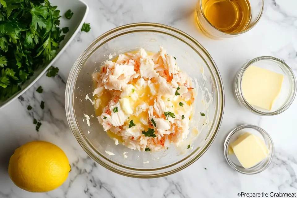 Mixing crab meat with fresh herbs, lemon juice, and butter in a glass bowl.