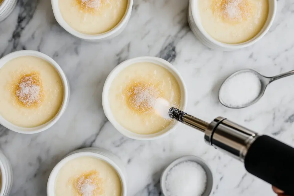 A close-up of individual servings of crab brulee being caramelized with a torch.