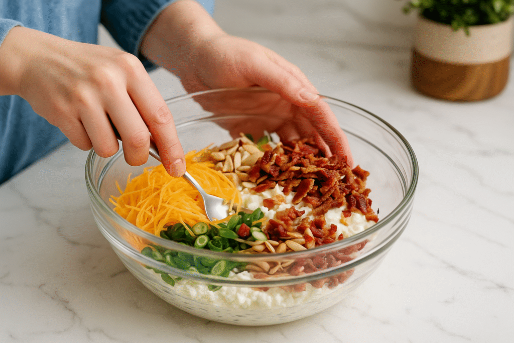 Hands mixing cottage cheese, shredded cheddar, green onions, slivered almonds, and crispy bacon in a glass bowl for a million dollar chicken recipe.