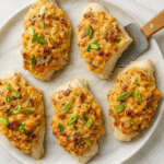 Baked chicken breasts topped with creamy cheese, bacon, and green onions on a round white plate.