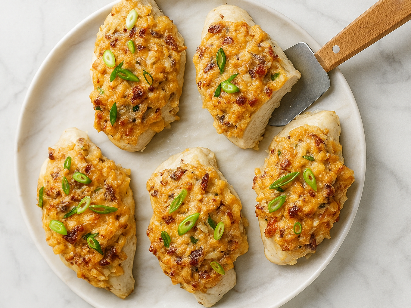 Baked chicken breasts topped with creamy cheese, bacon, and green onions on a round white plate.