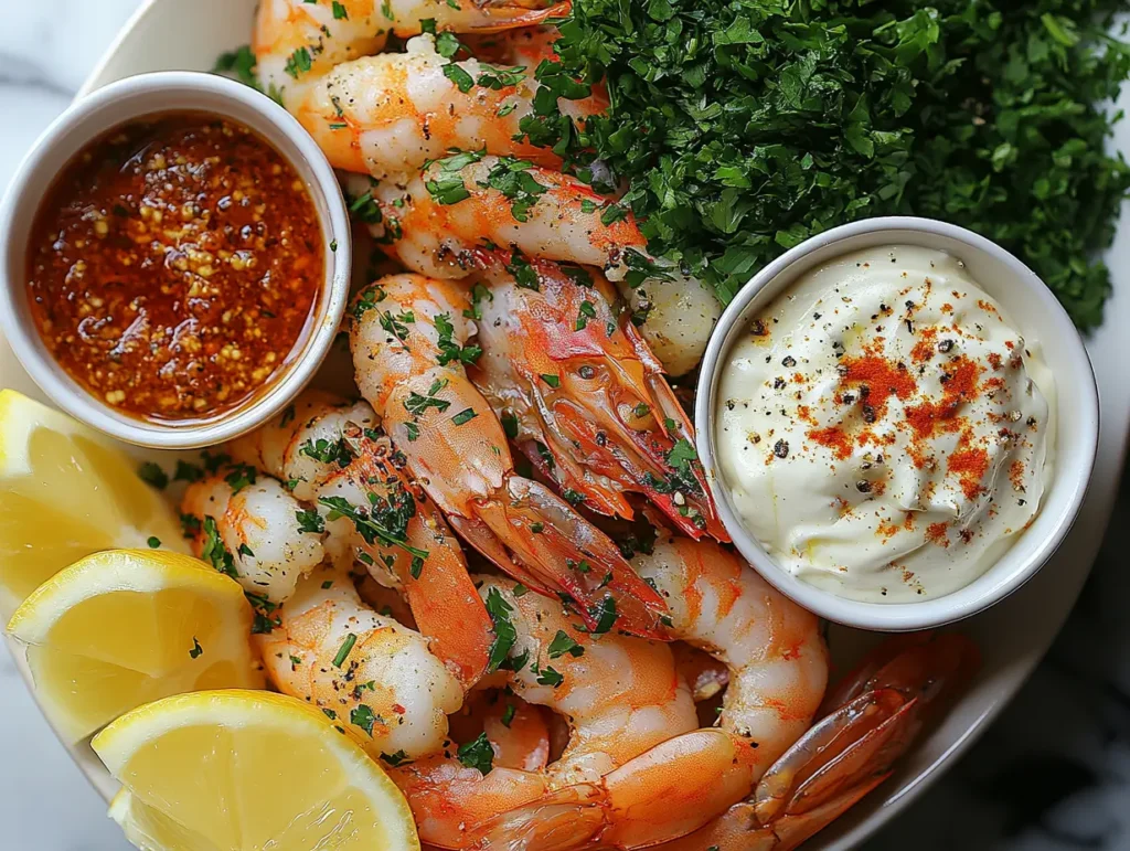 A seafood boil platter with seasoned shrimp, fresh lemon wedges, and two dipping sauces—garlic butter and spicy Cajun sauce—garnished with parsley.