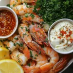 A seafood boil platter with seasoned shrimp, fresh lemon wedges, and two dipping sauces—garlic butter and spicy Cajun sauce—garnished with parsley.