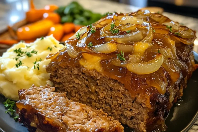 The Best French Onion Meatloaf Recipe for Your Family on a plate.