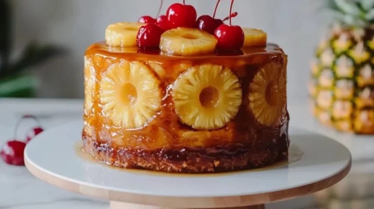 Delicious homemade pineapple upside-down cake on a serving plate.