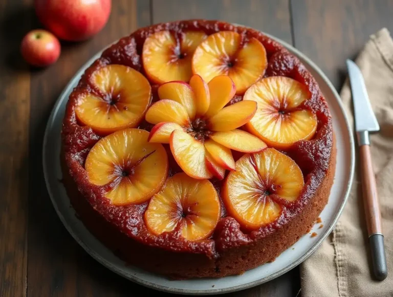 Vegan upside down apple cake with caramelized apple slices