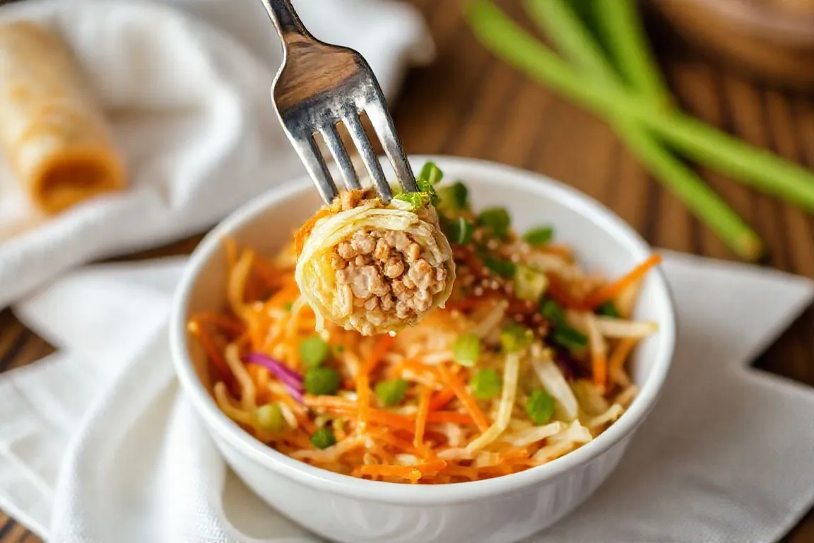 Weight Watchers egg roll in a bowl with ground turkey, cabbage, and carrots