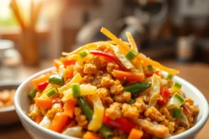 Weight Watchers egg roll in a bowl with ground turkey, cabbage, and carrots