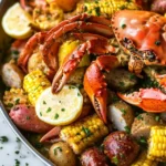 What Goes Into Crab Boil Liquid? Ingredients You Need to Know 8 A seafood boil featuring a whole cooked crab, corn on the cob, potatoes, sausage, and lemon slices garnished with fresh herbs.