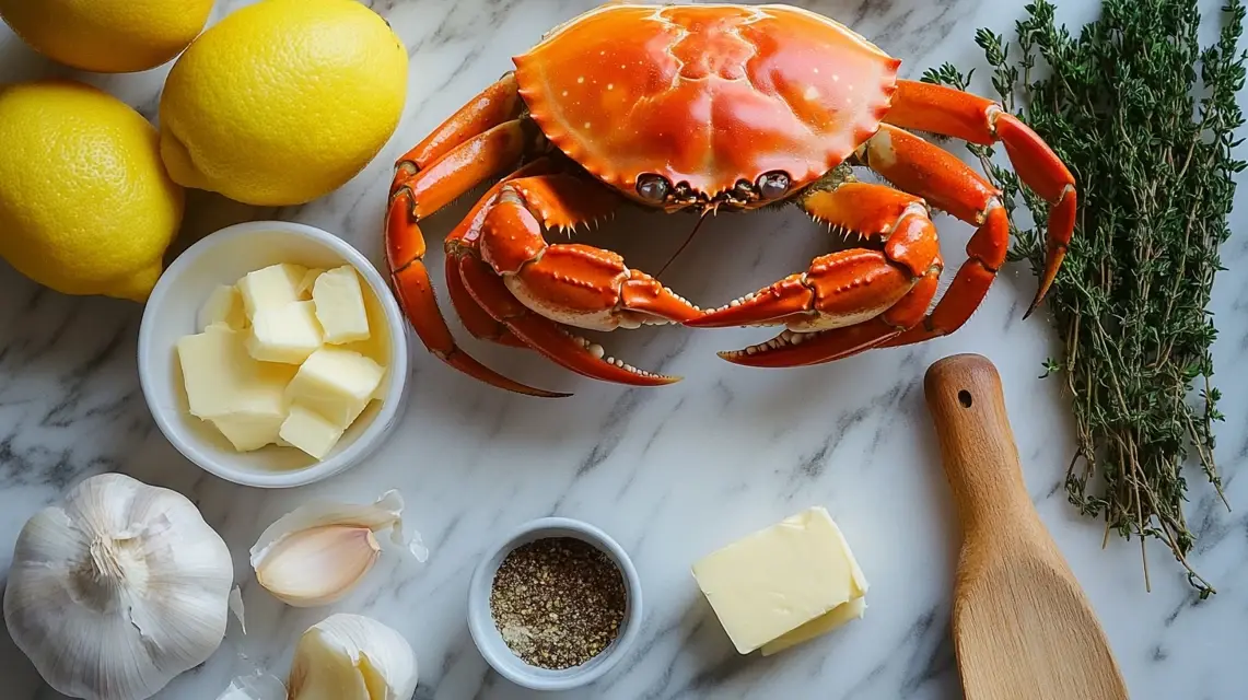 Freshly prepared crab legs surrounded by lemons, garlic, butter, and herbs on a kitchen counter.