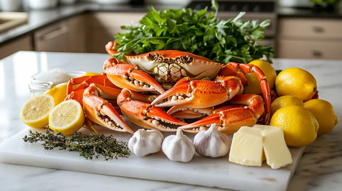 A top-down view of a cooked crab surrounded by lemon, butter, garlic, pepper, and fresh herbs.