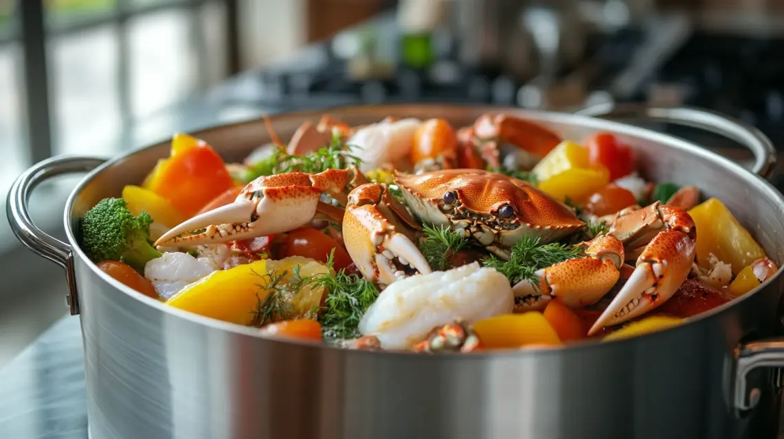 A large pot filled with cooked crab legs, shrimp, colorful vegetables, and fresh herbs.