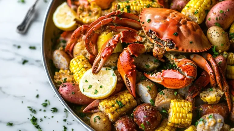 A seafood boil featuring a whole cooked crab, corn on the cob, potatoes, sausage, and lemon slices garnished with fresh herbs.