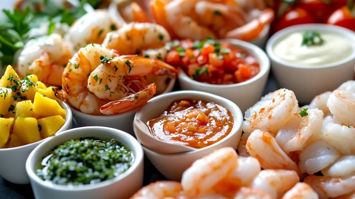 A colorful seafood platter featuring cooked shrimp, mango salsa, fresh herbs, tomato salsa, green pesto, and creamy dipping sauces in small bowls.