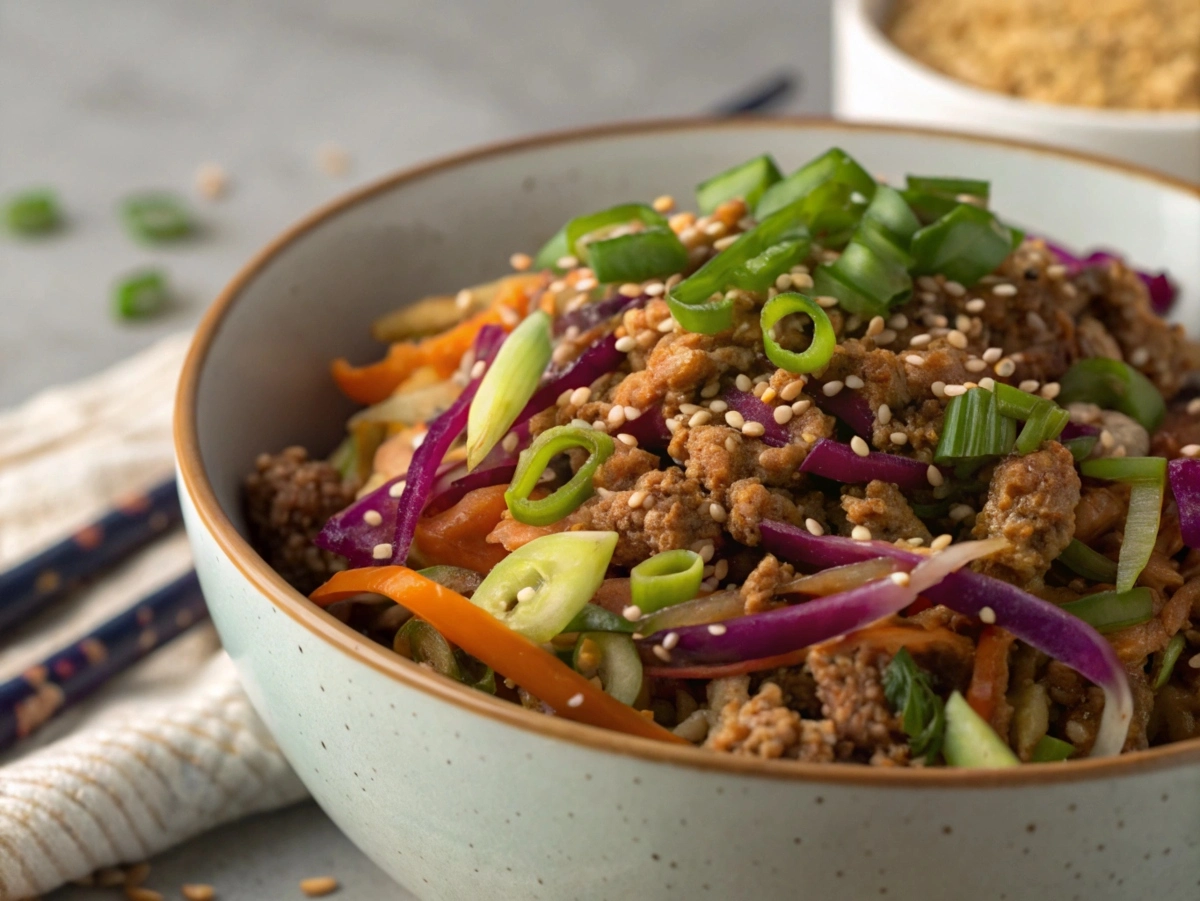 Traditional egg roll filling with beef and cabbage in a skillet