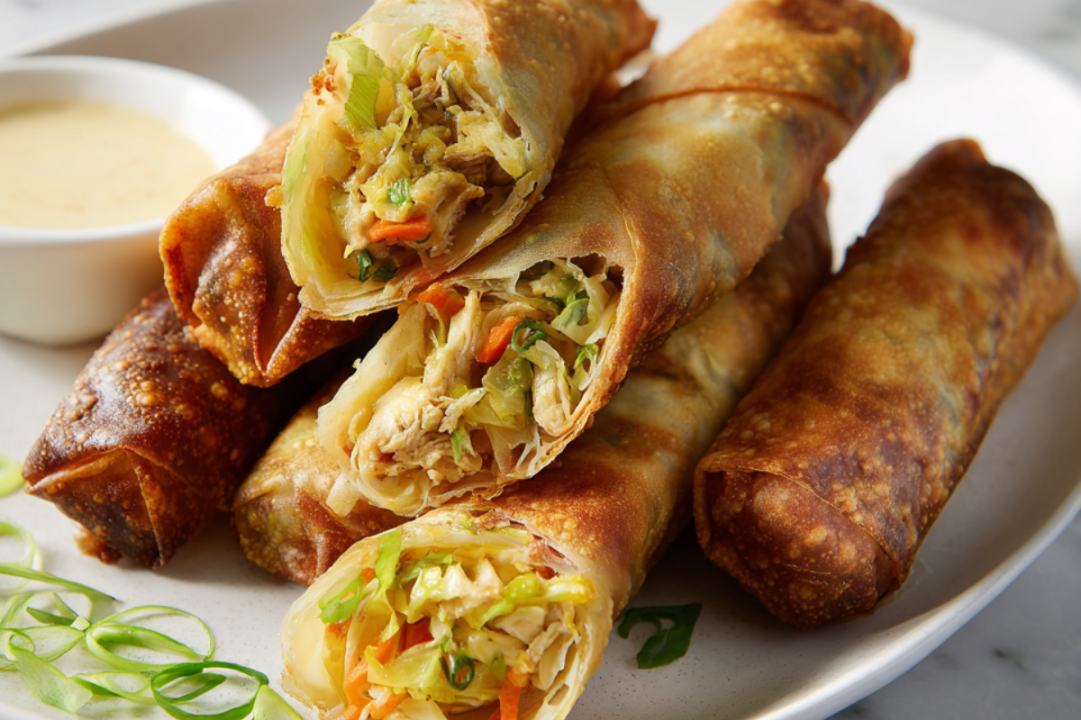 Close-up of crispy golden egg rolls cut open, showing a savory filling of shredded cabbage, carrots, chicken, and green onions.