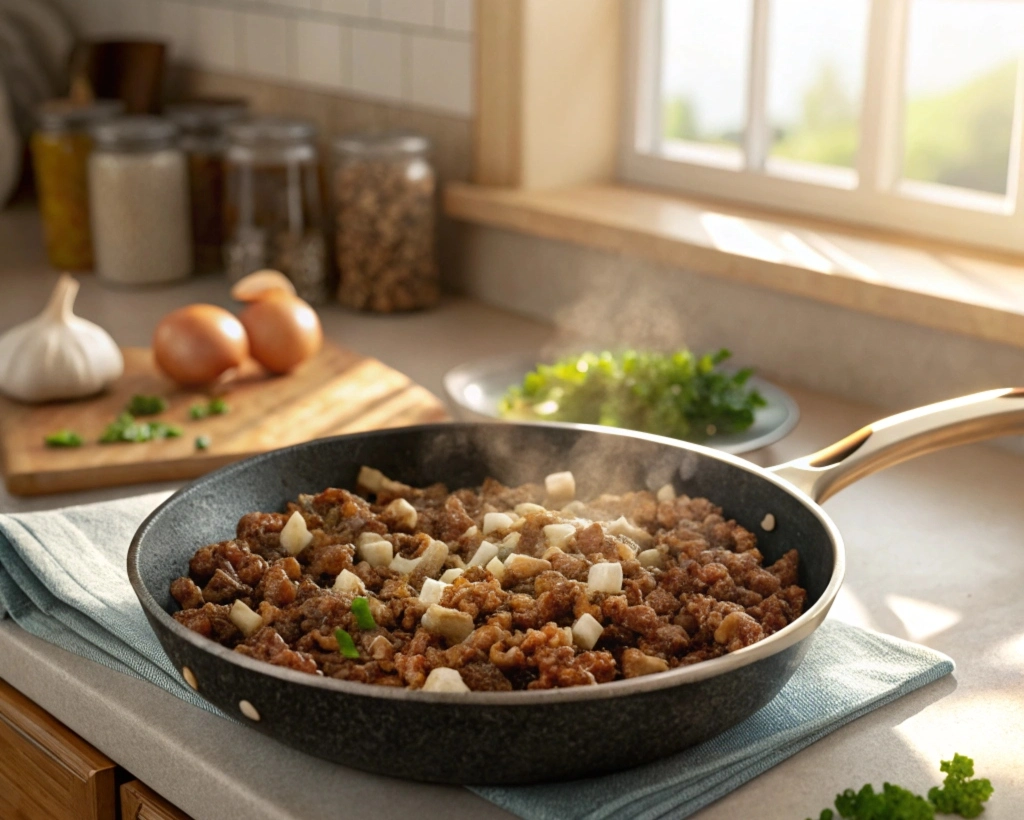 Traditional egg roll filling with beef and cabbage in a skillet