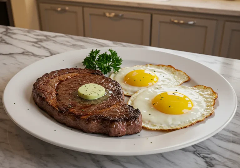 Plated ribeye steak and fried eggs, a carnivore diet meal.