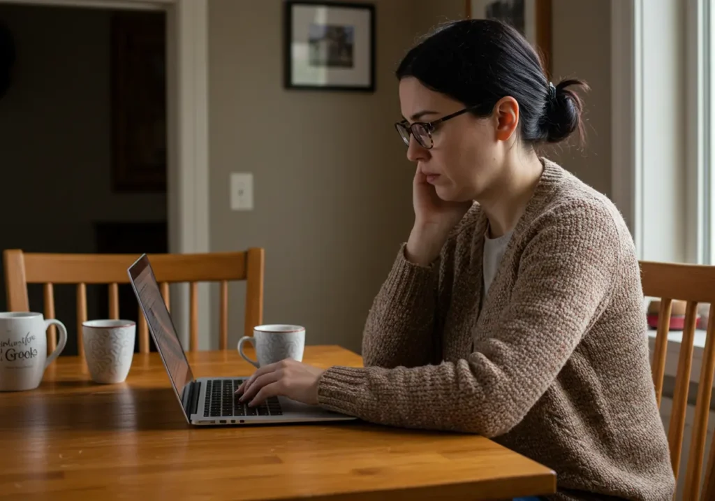 Woman researching birth control and carnivore diet on her laptop.