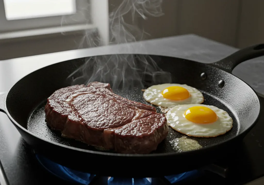 Cooking ribeye steak and eggs on a stovetop for a carnivore diet.