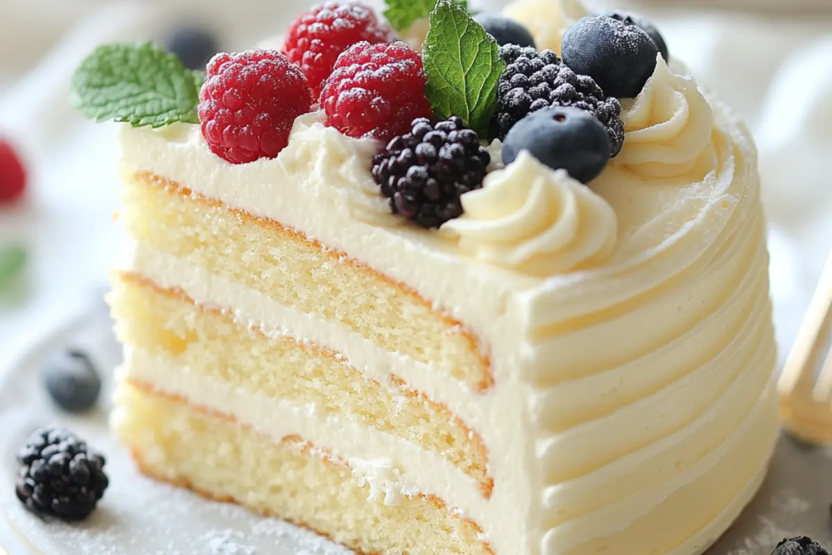 A slice of moist vanilla cake with alternative cream cheese icing, garnished with fresh berries and mint leaves.