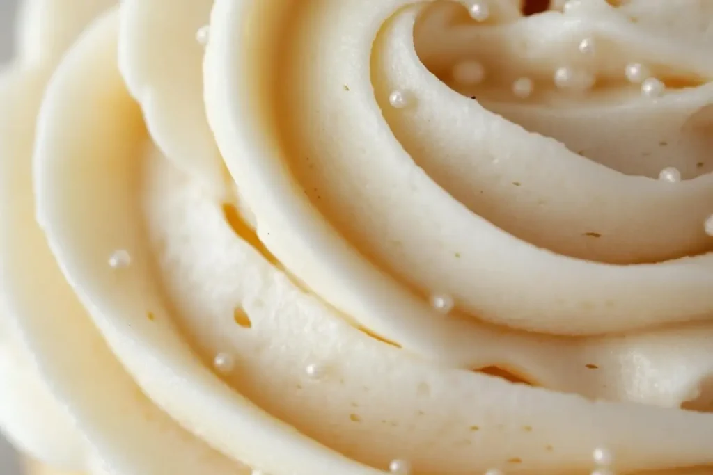 Close-up of creamy vanilla frosting swirls decorated with small white sugar pearls.