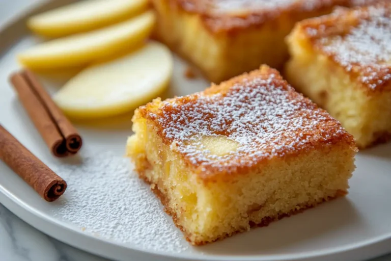 Freshly baked apple cake slices recipe on a wooden table