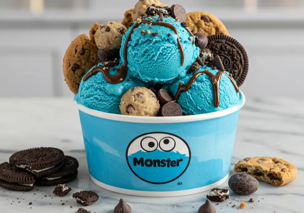 What is cookie monster ice cream flavor? in a blue waffle cone