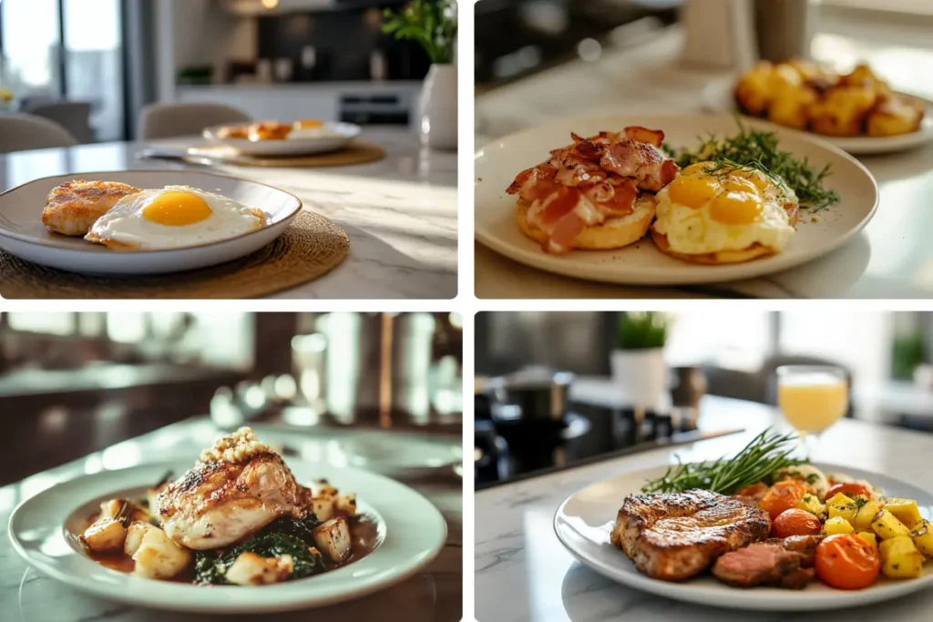 A collage of four high-protein breakfast dishes, including a sunny-side-up egg with grilled chicken, eggs Benedict with bacon, roasted chicken with potatoes and greens, and a plate of steak with roasted vegetables.