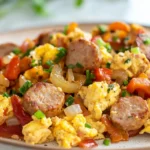What is animal protein for breakfast? hearty scramble with eggs and turkey sausage