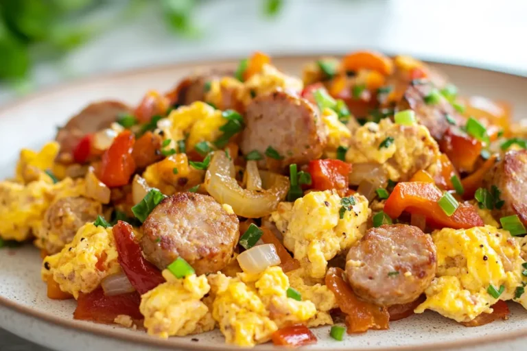 What is animal protein for breakfast? hearty scramble with eggs and turkey sausage